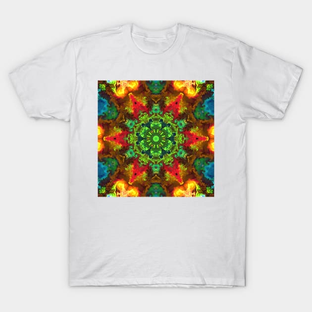 Psychedelic Hippie Flower Green Red and Orange T-Shirt by WormholeOrbital